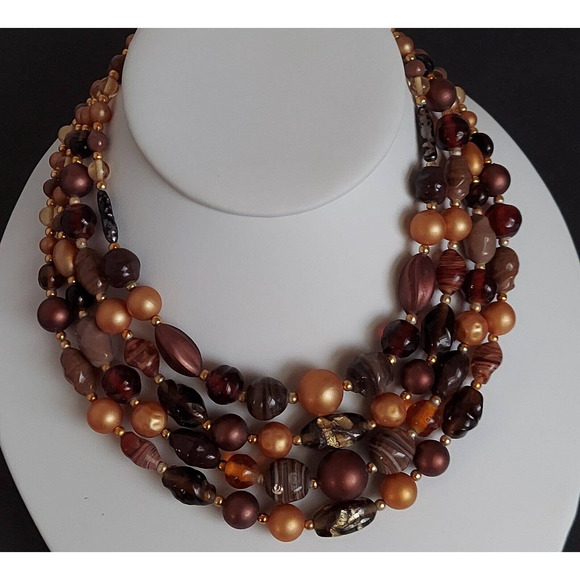 Vintage Japan Multi Strand Mix Bead Collar Necklace 15" Glass Brown Gold Estate - Picture 2 of 12